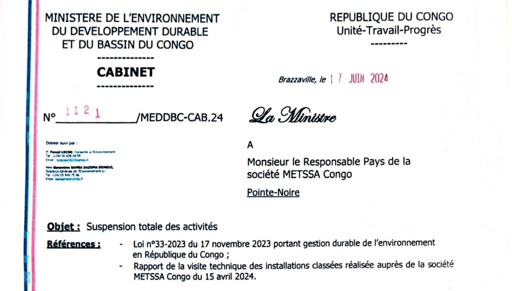 Suspension totale des activités de la société METSSA Congo