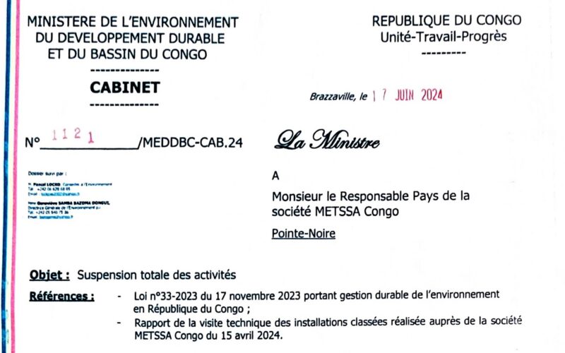Suspension totale des activités de la société METSSA Congo