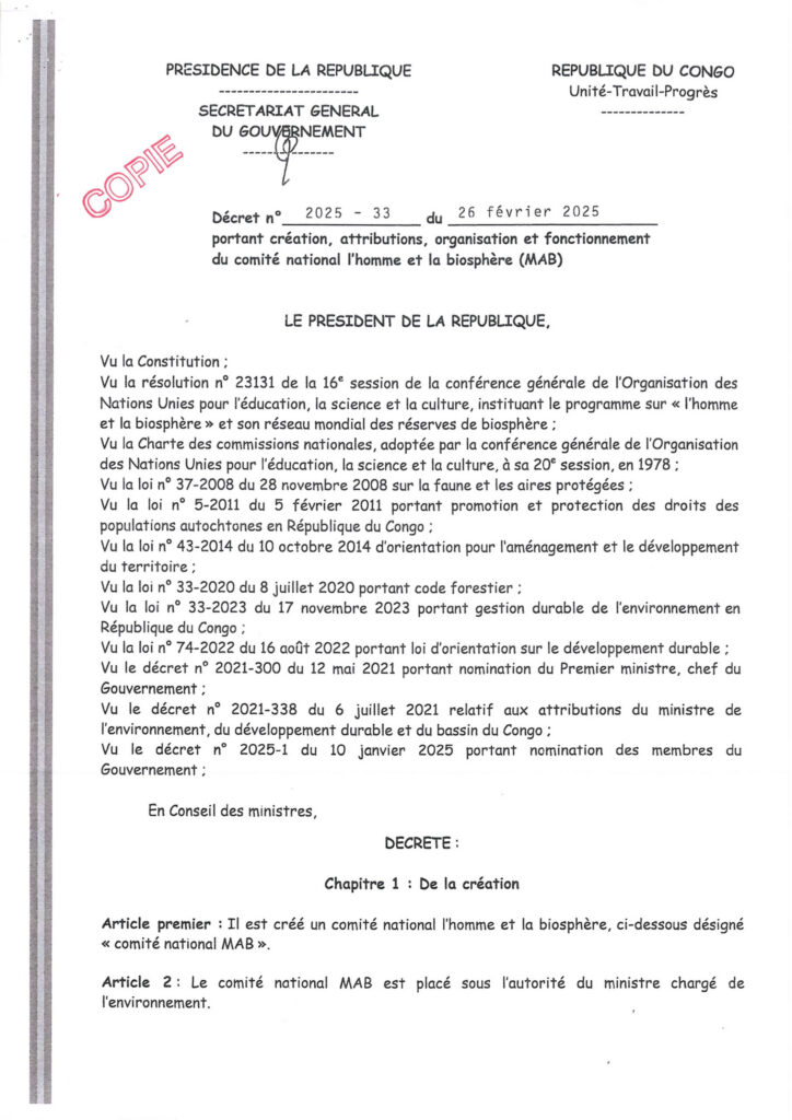 Comité National l&rsquo;homme et la biosphère (MAB) : Décret portant création, attributions, organisation et fonctionnement